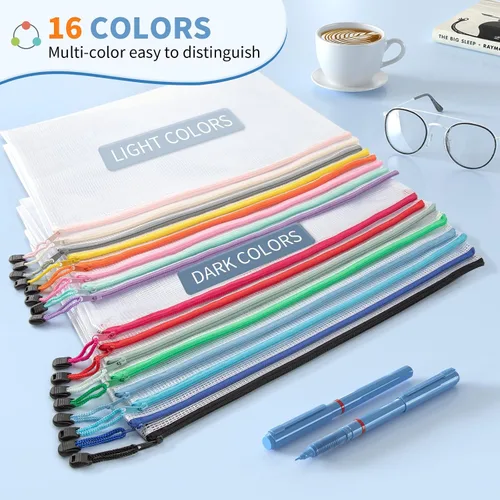 Miniatura 2 de Umriox 16 bolsas con cremallera, bolsas de malla con cremallera, 16 colores A4 / bolsas de tamaño carta para organización, bolsas transparentes