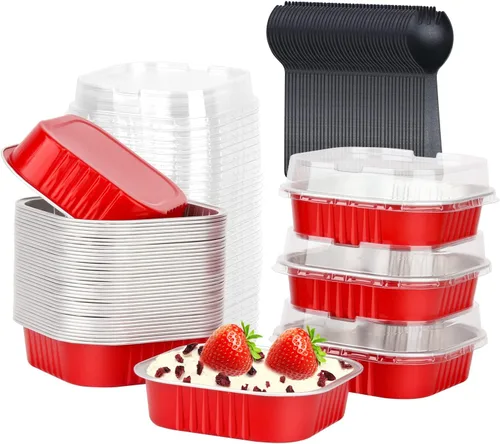 Miniatura 17 de LNYZQUS - Juego de 40 moldes de aluminio para brownies de 10 oz, ramequines desechables cuadrados de 10 cm x 10 cm con tapas, moldes pequeños