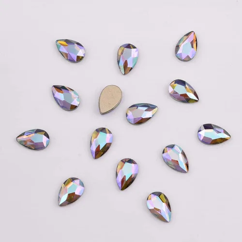 Miniatura 6 de 100 piezas de diamantes de imitación de cristal iridiscente púrpura iridiscente AB pera 3D laminados para uñas, dijes de decoración de 3 tamaños
