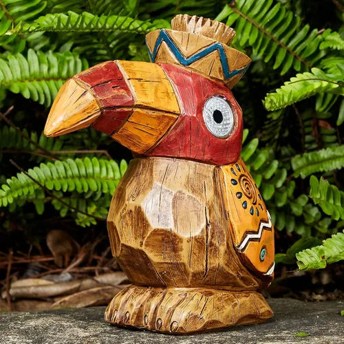 Estatua Solar Tiki - Pájaro Carpintero de Madera - Jardín Hawaiano - Luz Solar para Exteriores, Esculturas y Estatuas de Jardín, Poste Tótem,