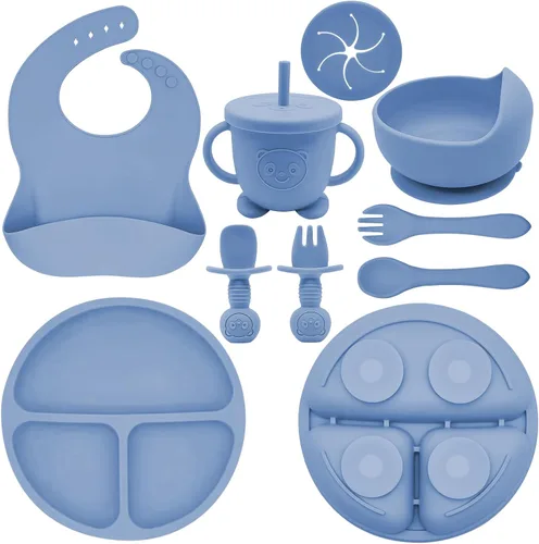 Miniatura 12 de Juego de Alimentación de Silicona para Bebés Suministros de Destete Dirigido por el Bebé Incluye Tazones con Ventosa y Platos Divididos, Babero