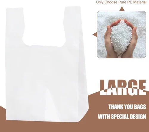 Miniatura 6 de ROYALNA 100 unidades, bolsas de plástico para compras de playera blancas (12" x 6.5" x 21"), reutilizables y desechables para restaurantes, tiendas