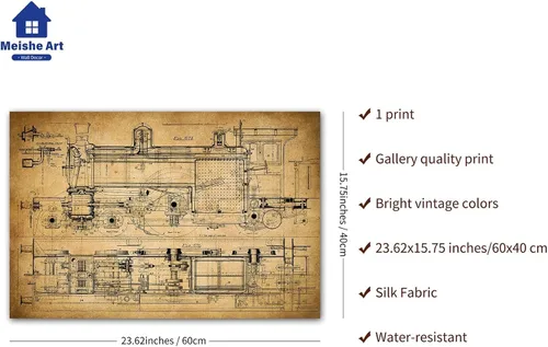 Miniatura 3 de Meishe Art Póster vintage, diseño mecánico de tren antiguo, dibujo estructural, ilustración que muestra la estructura básica, diagrama esquemático
