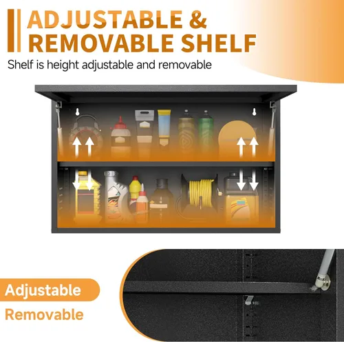 Miniatura 6 de Armario de pared de garaje de metal con puerta abatible hacia arriba, cabenit de herramientas flotante negro con estante ajustable, armarios