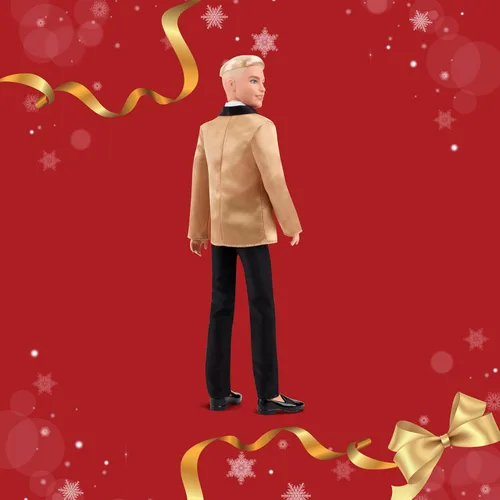 Miniatura 5 de Barbie Signature 2025 Holiday Blonde Ken - Muñeca coleccionable a la moda con traje completo con chaqueta dorada en embalaje exhibible y soporte