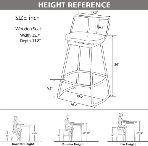 Miniatura 2 de Taburetes de bar giratorios de 24 pulgadas con respaldo, juego de 2 sillas de bar de metal con asiento de madera, taburetes de bar industriales