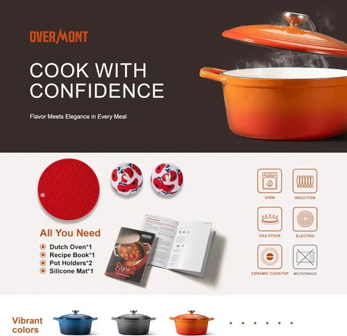 Miniatura 6 de Overmont - Horno holandés de hierro fundido esmaltado, de 5.5 QT, con tapa, libro de cocina (idioma español no garantizado) y agarraderas de Calabaza