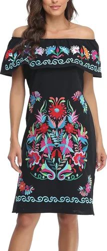 Miniatura 5 de YZXDORWJ Vestido bordado mexicano sin mangas con cuello de volantes para mujer