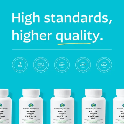 Miniatura 5 de Earth's Splendor Biotina 10,000 mcg + queratina de 25 mg, promueve un cabello saludable, uñas fuertes y soporte para la piel, suministro para 60 días