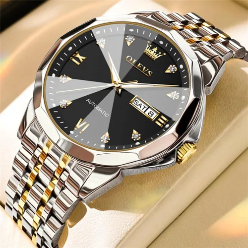 Miniatura 60 de OLEVS Reloj de pulsera automático con diseño de esqueleto para hombre, de lujo, con diamantes de lujo, de acero inoxidable, calendario, reloj