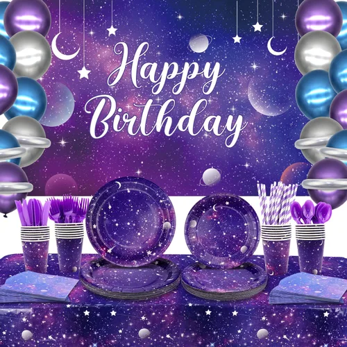 Suministros de fiesta de galaxia, incluye telón de fondo de cumpleaños de galaxia espacial, platos, servilletas, vasos, mantel, globos, globos de
