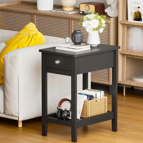 Miniatura 8 de SEJOV Mesa auxiliar estrecha, pequeña mesa auxiliar blanca con cajón y estante de almacenamiento, mesita de noche de madera para sala de estar