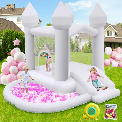 Miniatura 8 de FBSPORT Casa de rebote blanca inflable, castillo hinchable con soplador de aire, castillo hinchable para interiores y exteriores con gran pelotero