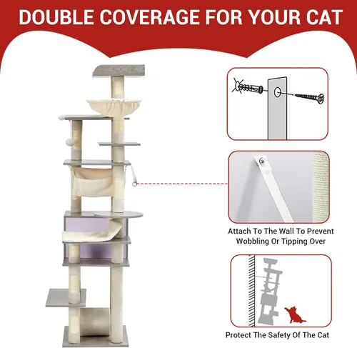 Miniatura 6 de GarveeHome Árbol de gato de 67 pulgadas para gatos grandes, cuenta con poste rascador, condominio para gatos, plataformas, túnel, hamaca, estación