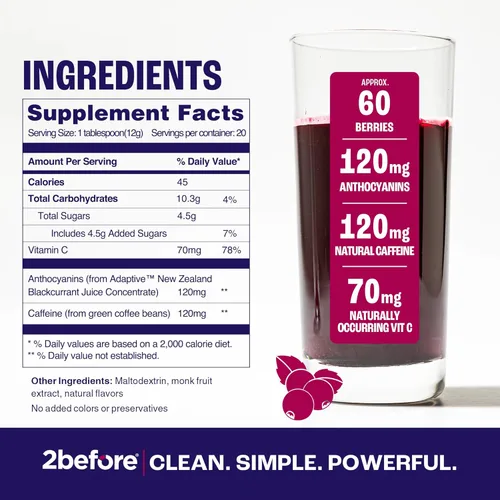 Miniatura 5 de 2before Blackcurrant I All Natural Vegan Pre Entrenamiento, con 120 mg de cafeína I Clean Energy, Resistencia, Recuperación I Pre Entrenamiento