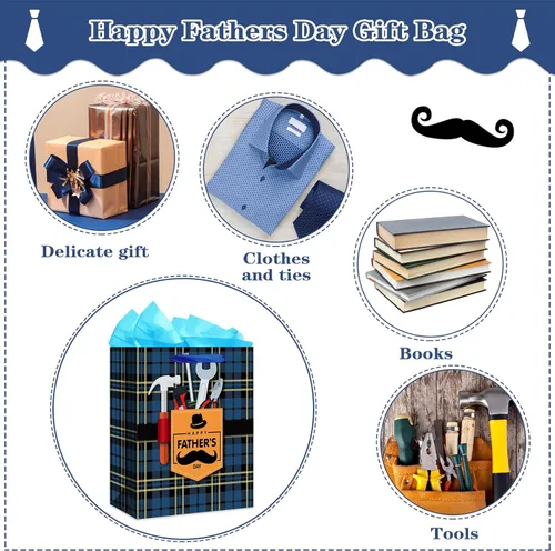 Miniatura 7 de WaaHome Bolsa de regalo para el día del padre para papá, con papel de seda y asa, 13 x 10.5 x 5.8 pulgadas, bolsa de regalo grande azul para el día