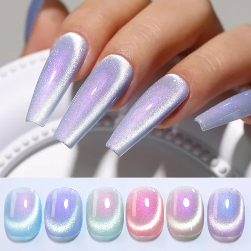 Double Rhythm Juego de esmaltes de gel de ojo de gato, 6 colores, purpurina brillante con imán, holográfico, reflectante, magnético, UV, kit de arte
