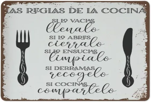Letrero de metal para cocina, vintage, cocina española, arte de pared para decoración del hogar, decoración retro divertida para granja, oficina,