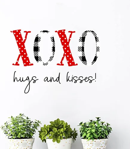 Regalo del día de San Valentín para él, calcomanía de pared para decoración de San Valentín XOXO Hug & Kiss Calcomanías de pared de búfalo a cuadros