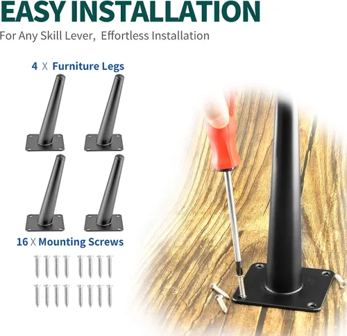 Miniatura 2 de 4 patas de muebles de 6 pulgadas, patas de metal cónicas oblicuas, color negro mate, pies de muebles de estilo de mediados de siglo para sofá