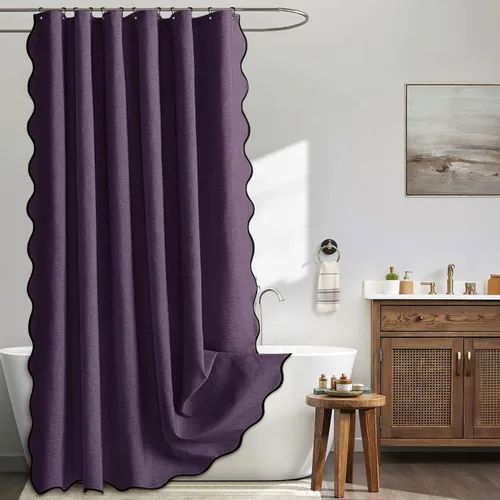Miniatura 23 de MIULEE Cortina de ducha festoneada de lino texturizado con 12 ganchos de metal, bonita cortina de ducha de tela gruesa resistente, lavable, Negro