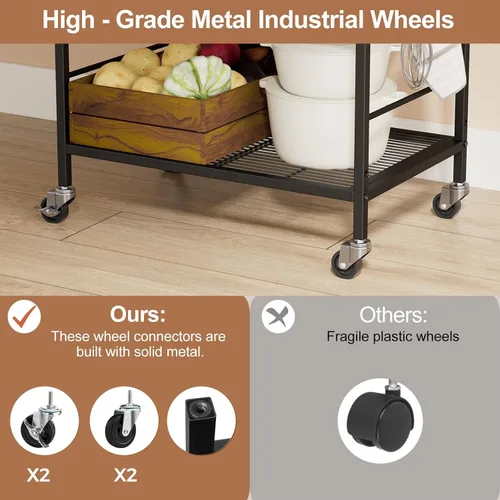 Miniatura 7 de Carrito de cocina de 3 niveles con estantes ajustables - Carrito de almacenamiento para microondas y organizador rodante utilitario, ruedas