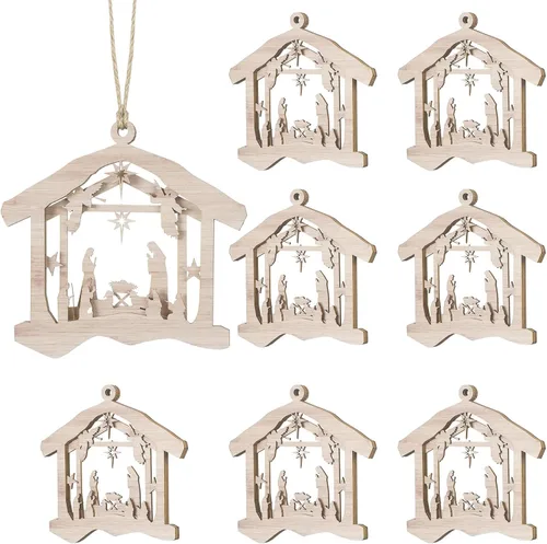 Miniatura 19 de Blulu Juego de 4 piezas de adornos navideños de escena de la natividad, set de regalo a granel, adorno colgante de madera cristiano 3D para árbol