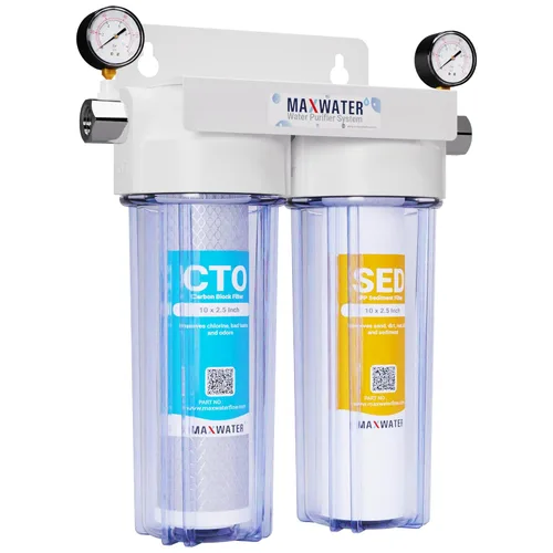 Max Water 2 Etapas (Sedimento, Olor y Mejora del Sabor) Sistema de Filtración de Agua Estándar para Toda la Casa de 10 Pulgadas con Manómetro de