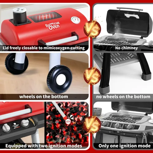 Miniatura 6 de Juguetes de cocina para niños, juego de parrilla de barbacoa para niños con humo, sonido y luz, juguete de barbacoa de 2 niveles con rueda, juguetes