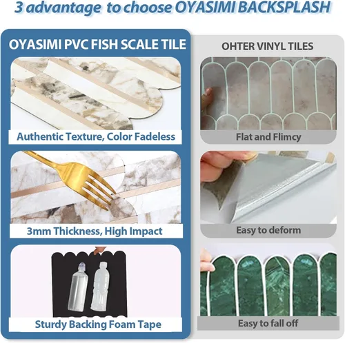Miniatura 7 de 10 hojas de escamas de pescado para despegar y pegar para azulejos de pared de cocina, 12 pulgadas, mármol marrón, mezcla de metal dorado, azulejos