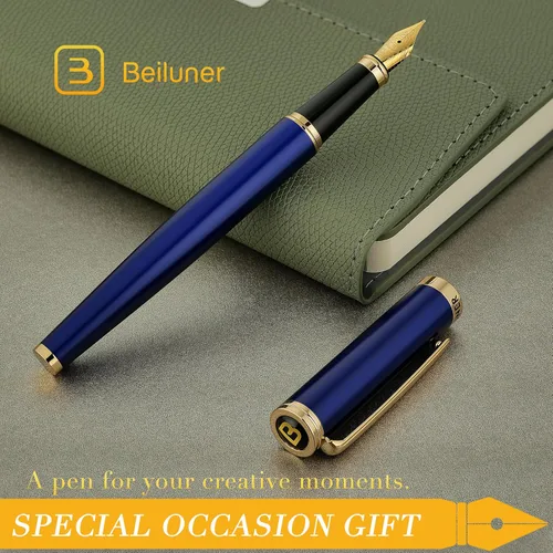 Miniatura 8 de BEILUNER Pluma estilográfica azul, impresionantes plumas de lujo con acabado de oro de 24 quilates, hermosa plumilla dorada de 24 quilates