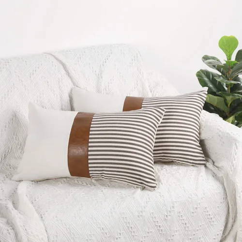 Miniatura 19 de Cygnus - Juego de 2 fundas de almohada de 16 x 16 pulgadas hechas de lino y de la unión de distintas telas con diseño de rayas para decoración Negro