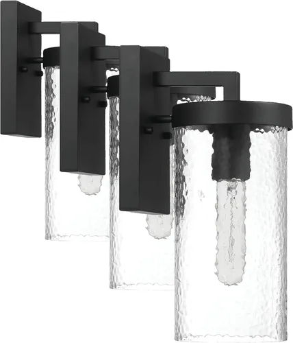 Aria - Moderna lámpara minimalista cilíndrica texturizada de vidrio de agua y metal para montar en la pared, color negro mate (paquete de 3)