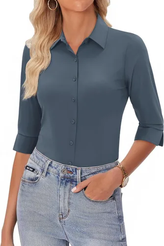 Miniatura 10 de siliteelon Camisas con botones para mujer, manga 3/4, elástica, ajustada, sin arrugas, cuello para negocios, trabajo, tops