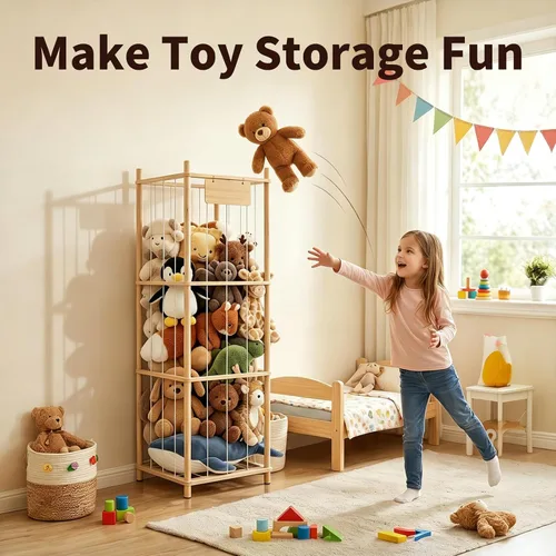 Miniatura 6 de Almacenamiento de animales de peluche, soporte de madera para juguetes de zoológico para habitaciones de niños, organizador de juguetes de ahorro