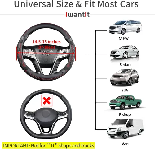 Miniatura 4 de Iwantit® Funda para volante con diseño de panal 3D antideslizante y telas transpirables, universal de 14.5-15 pulgadas (rojo/negro)