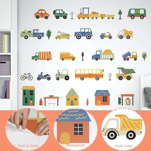 Miniatura 7 de Calcomanías de pared extraíbles de vehículos de ciudad de dibujos animados para decoración de pared de habitación de niños, vehículos de transporte