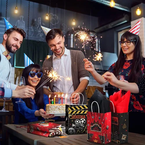 Miniatura 6 de Funrous 24 bolsas de fiesta nocturna de película con papel de seda, bolsas de recuerdo de película con asas, regalo de regalo para niños