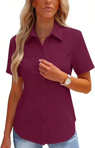 Miniatura 13 de HOTOUCH Camisas con botones para mujer, manga corta, elástica, sin arrugas, blusas formales de trabajo, blusas de verano, tallas S-2XL