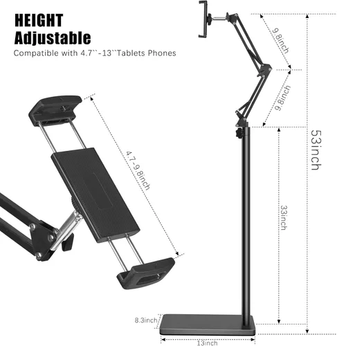 Miniatura 7 de Lucky Trip Soporte de suelo para tablet con base estable de doble resistencia que nunca se vuelca, altura ajustable, giratoria, soporte