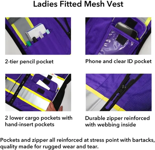Miniatura 4 de Dib Safety - Chaleco para mujer con bolsillos, chaleco reflectante de malla de alta visibilidad, clase 2 ANSI hecho con cinta reflectante 3M, morado