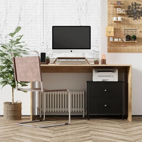 Miniatura 7 de BOLUO Mesita de noche negra cómoda de 2 cajones para dormitorio, mesita de noche pequeña mesa auxiliar con cajones de tela, moderna