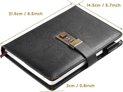 Miniatura 2 de Kesote Diario Negro con Cerradura, Cuadernos de Diario con Cerradura de Cuero Sintético Rellenable, Planificador Organizador con Bolígrafo, A5