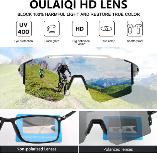 Miniatura 7 de OULAIQI Gafas de sol de ciclismo, polarizadas, para hombres y mujeres, con 1 lente o 3 lentes intercambiables, gafas de béisbol