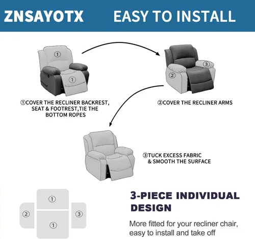 Miniatura 7 de ZNSAYOTX 2026 Funda elástica para sillón reclinable de 3 piezas (61 cm-94 cm) Fundas súper suaves para silla reclinable con bolsillo grande y lazos
