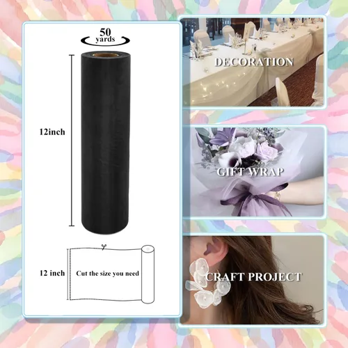 Miniatura 3 de Rollos de tela de tul negro con cristales y organza 12 pulgadas por 150 pies (45,72 m), tela transparente para manualidades, lazos de tutú