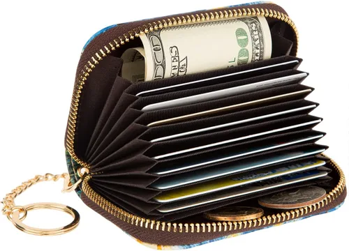 Miniatura 3 de AIRMORS Billetera para tarjetas de crédito, tarjetero de cuero con cremallera para hombres y mujeres, bloqueo RFID, cartera con llavero, Gatos