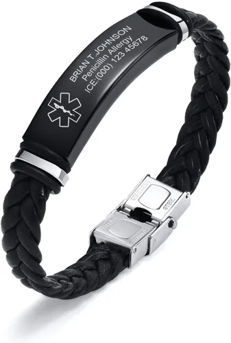 MEALGUET Pulseras médicas personalizadas para hombres: grabado gratuito de acero inoxidable negro y cuero trenzado pulsera de alerta médica para