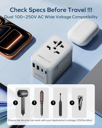Miniatura 9 de MOMAX Adaptador de viaje universal 6 en 1, adaptador de corriente internacional GaN 70W, 3 USB-C PD de carga rápida y 2 USB-A QC, 1 AC, adaptador