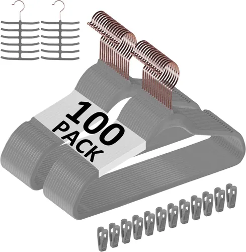 Miniatura 22 de VECELO Perchas de terciopelo de alta calidad resistentes (paquete de 60), antideslizantes y ahorran espacio con 8 clips para los dedos y soporte